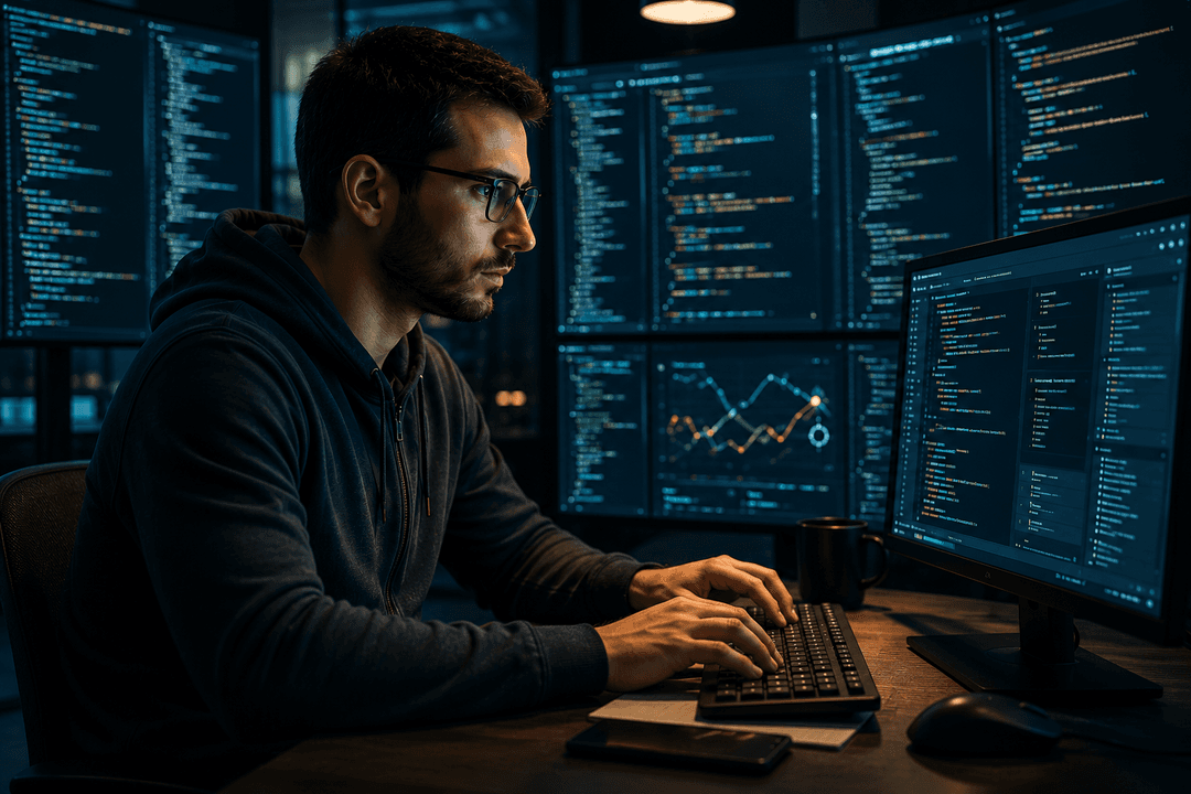 Développeur web travaillant devant plusieurs écrans affichant du code