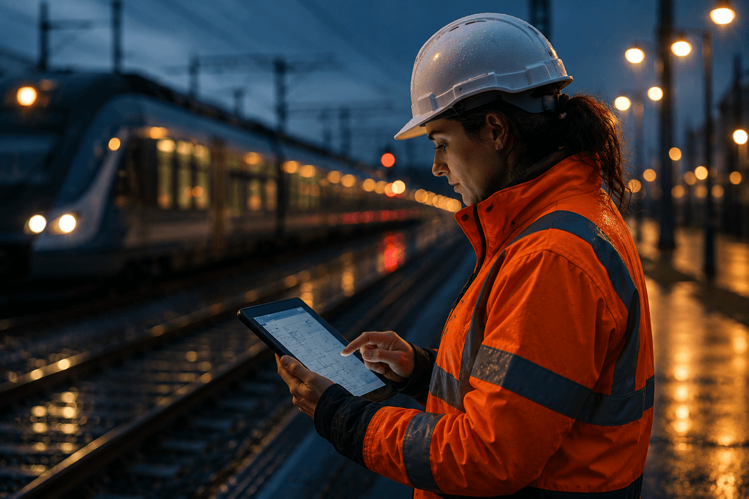 Agent ferroviaire en tenue de sécurité utilisant une tablette en bord de voie