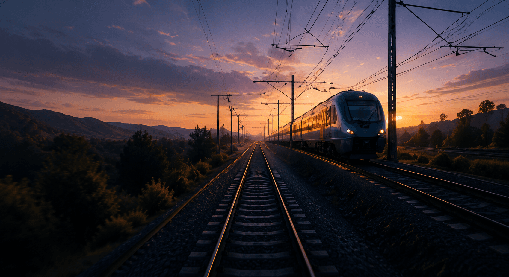 Train moderne circulant au coucher du soleil