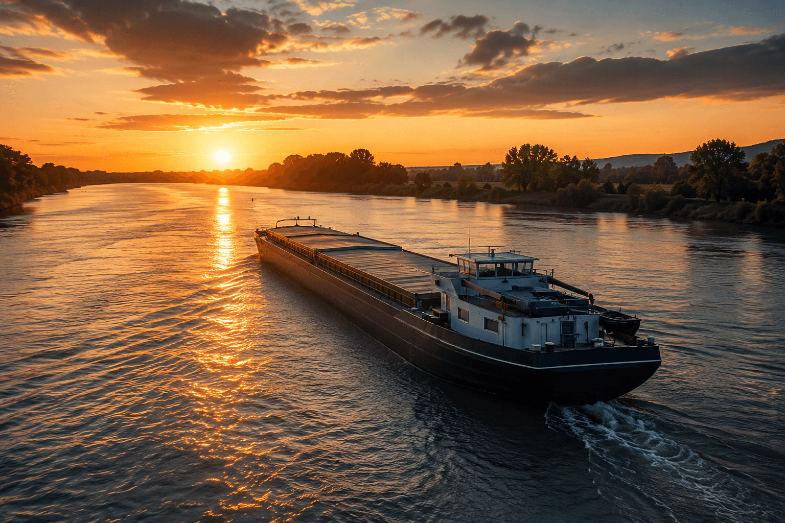 Convoi fluvial naviguant sur un fleuve au coucher du soleil